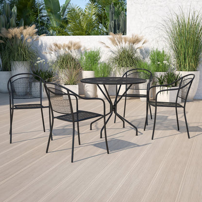 35.25" Round Black Indoor-Outdoor Steel Patio Table Set with 4 Round Back Chairs
