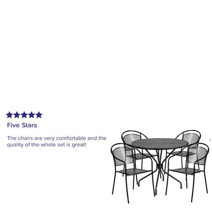 35.25" Round Black Indoor-Outdoor Steel Patio Table Set with 4 Round Back Chairs