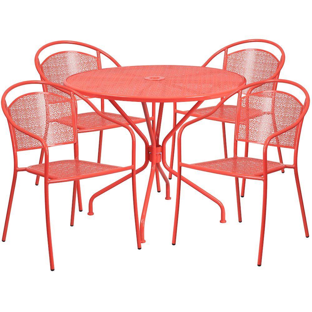 35.25" Round Coral Indoor-Outdoor Steel Patio Table Set with 4 Round Back Chairs