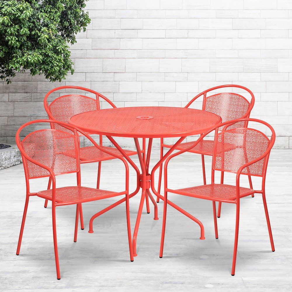 35.25" Round Coral Indoor-Outdoor Steel Patio Table Set with 4 Round Back Chairs