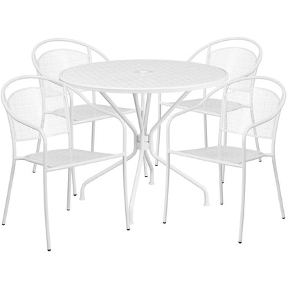 35.25" Round White Indoor-Outdoor Steel Patio Table Set with 4 Round Back Chairs