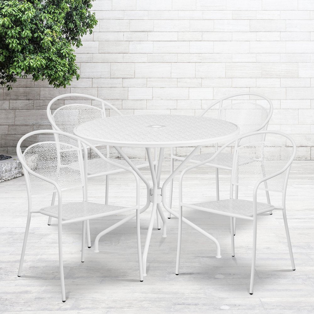 35.25" Round White Indoor-Outdoor Steel Patio Table Set with 4 Round Back Chairs