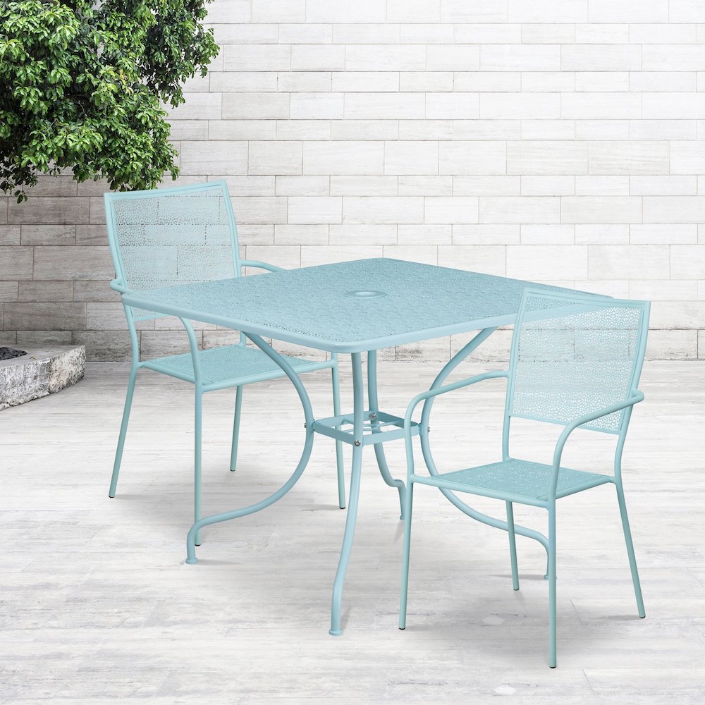 35.5" Sky Blue Indoor-Outdoor Steel Patio Table Set with 2 Back Chairs