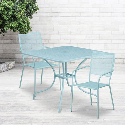 35.5" Sky Blue Indoor-Outdoor Steel Patio Table Set with 2 Back Chairs