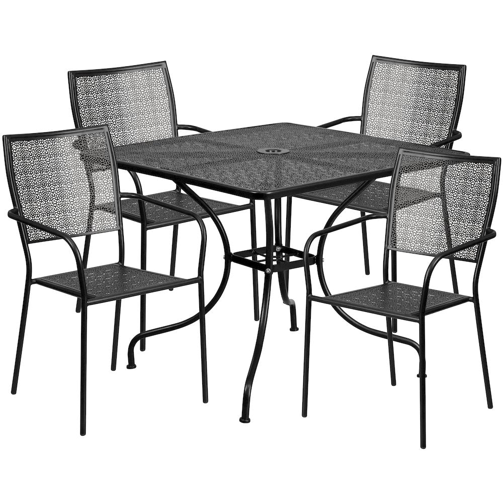 35.5" Black Indoor-Outdoor Steel Patio Table Set with 4 Back Chairs