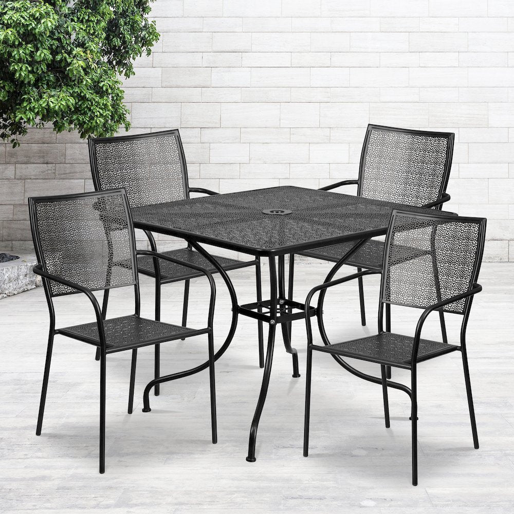 35.5" Black Indoor-Outdoor Steel Patio Table Set with 4 Back Chairs