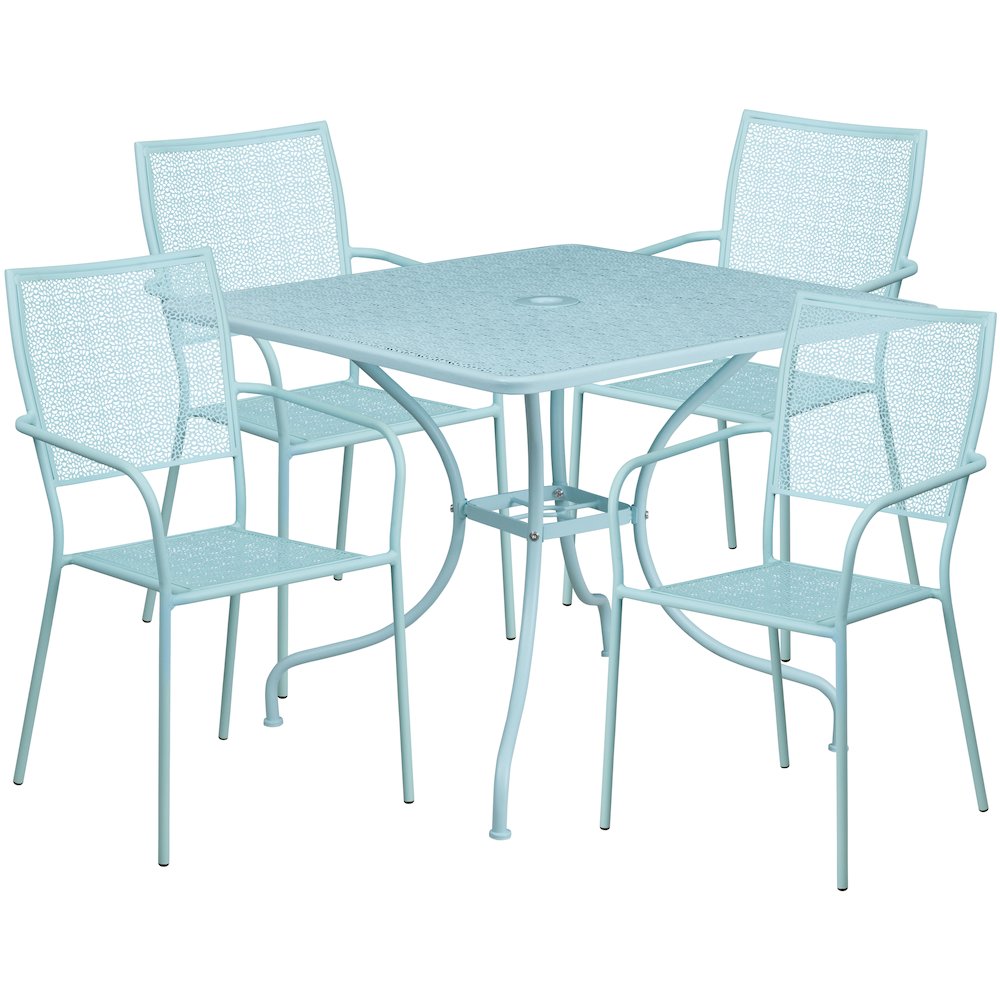 35.5" Sky Blue Indoor-Outdoor Steel Patio Table Set with 4 Back Chairs