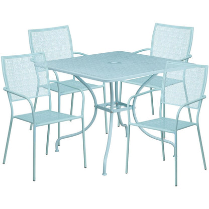 35.5" Sky Blue Indoor-Outdoor Steel Patio Table Set with 4 Back Chairs