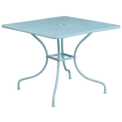 35.5" Sky Blue Indoor-Outdoor Steel Patio Table Set with 4 Back Chairs