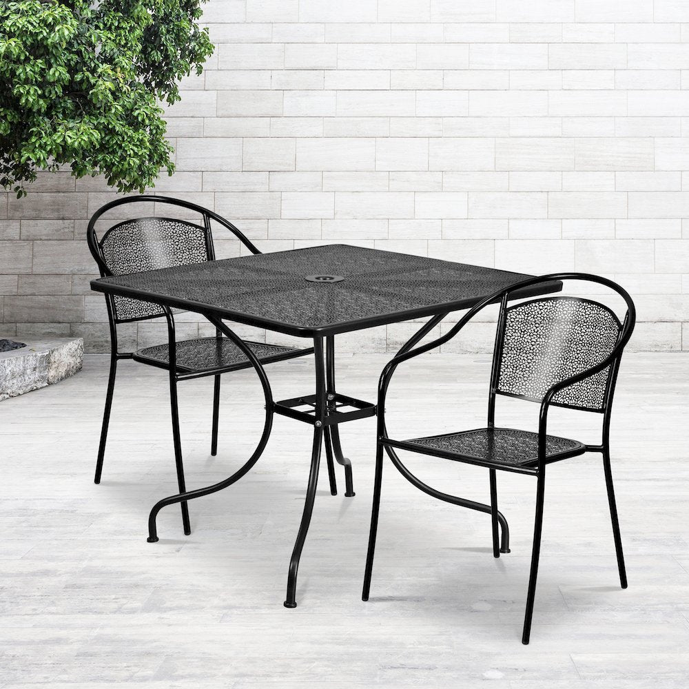 35.5" Square Black Indoor-Outdoor Steel Patio Table Set with 2 Round Back Chairs