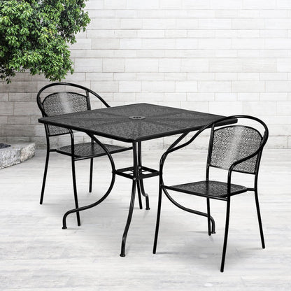 35.5" Square Black Indoor-Outdoor Steel Patio Table Set with 2 Round Back Chairs