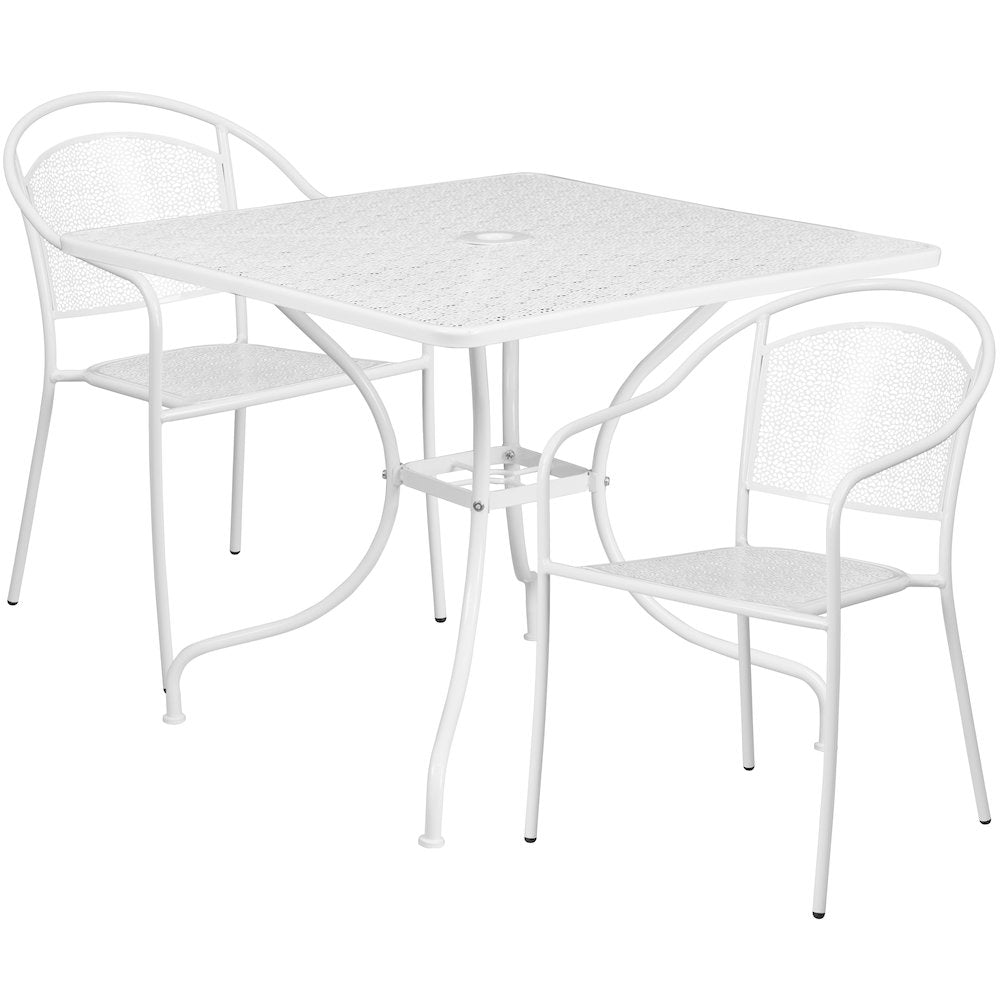 35.5" Square White Indoor-Outdoor Steel Patio Table Set with 2 Round Back Chairs
