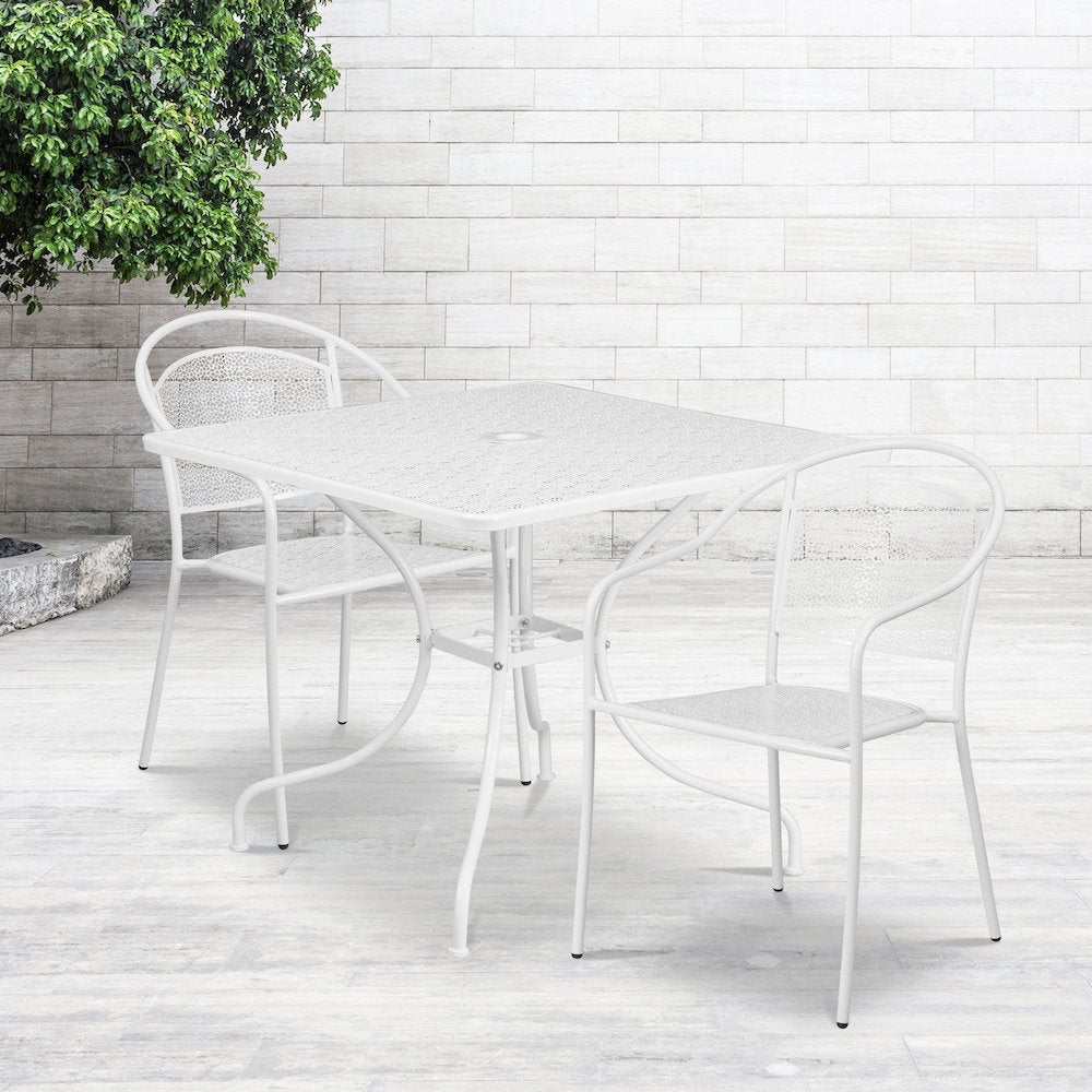 35.5" Square White Indoor-Outdoor Steel Patio Table Set with 2 Round Back Chairs