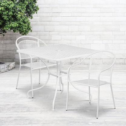 35.5" Square White Indoor-Outdoor Steel Patio Table Set with 2 Round Back Chairs