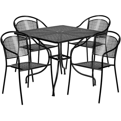 35.5" Square Black Indoor-Outdoor Steel Patio Table Set with 4 Round Back Chairs