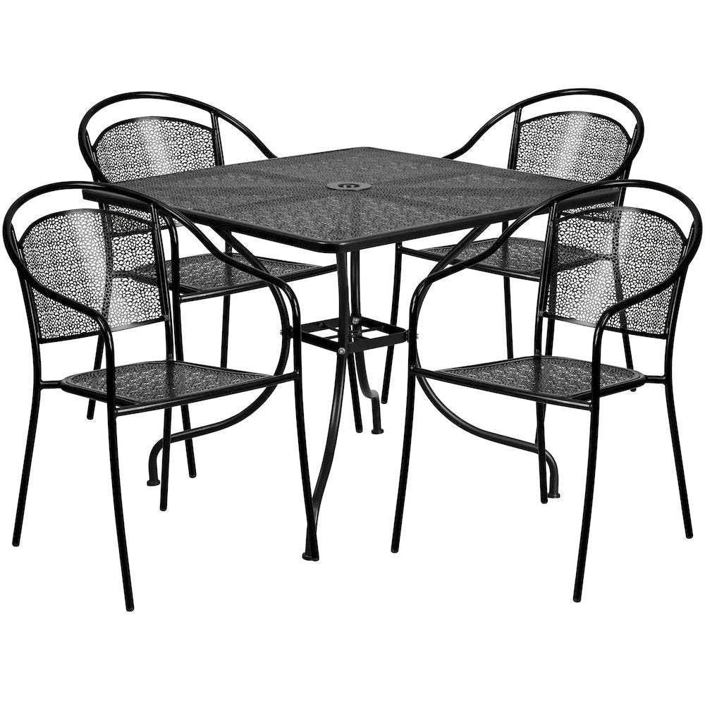 Commercial Grade 35.5" Square Black Indoor-Outdoor Steel Patio Table Set with 4 Round Back Chairs