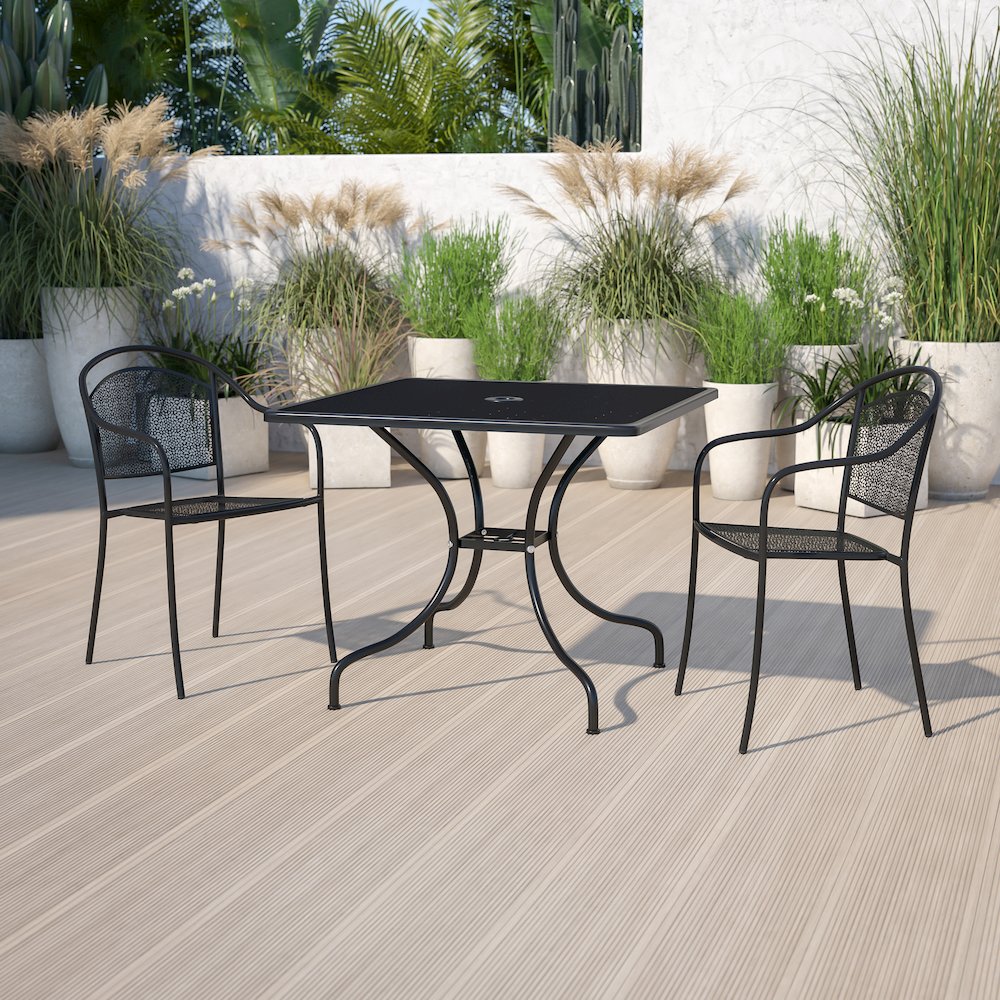 35.5" Square Black Indoor-Outdoor Steel Patio Table with Umbrella Hole