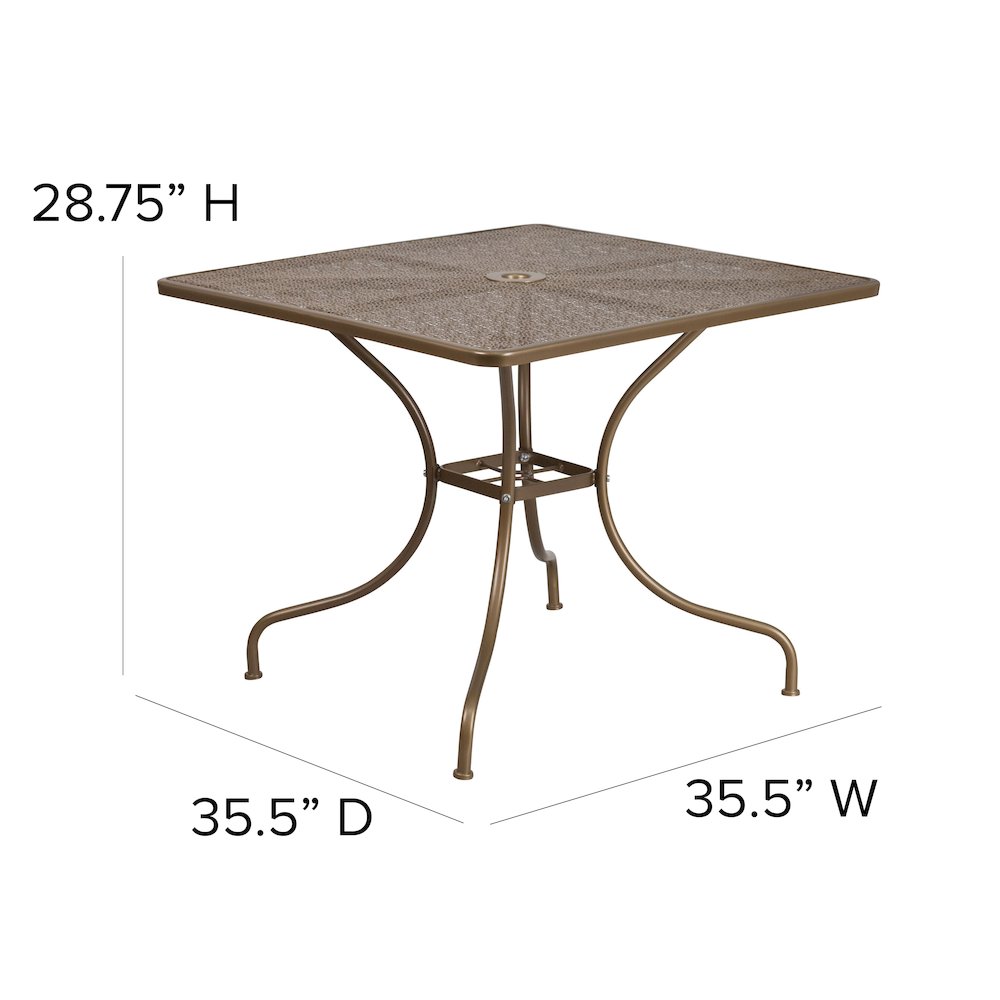 35.5" Square Gold Indoor-Outdoor Steel Patio Table with Umbrella Hole