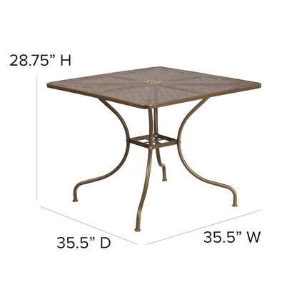 35.5" Square Gold Indoor-Outdoor Steel Patio Table with Umbrella Hole
