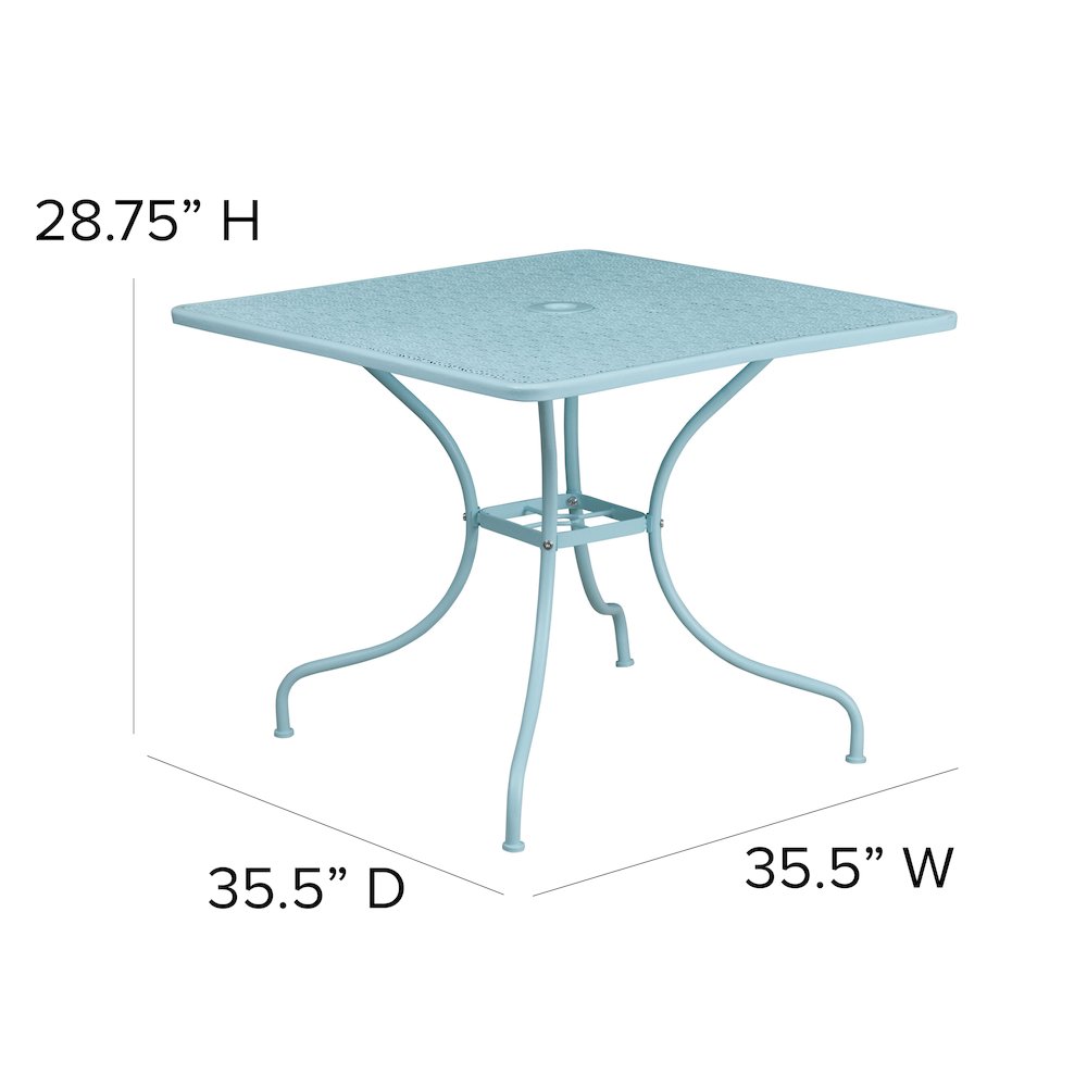35.5" Square Sky Blue Indoor-Outdoor Steel Patio Table with Umbrella Hole