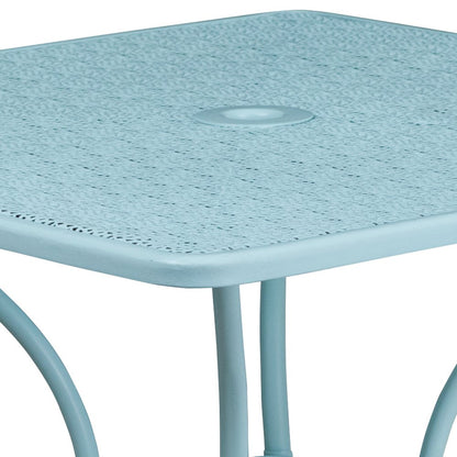 35.5" Square Sky Blue Indoor-Outdoor Steel Patio Table with Umbrella Hole