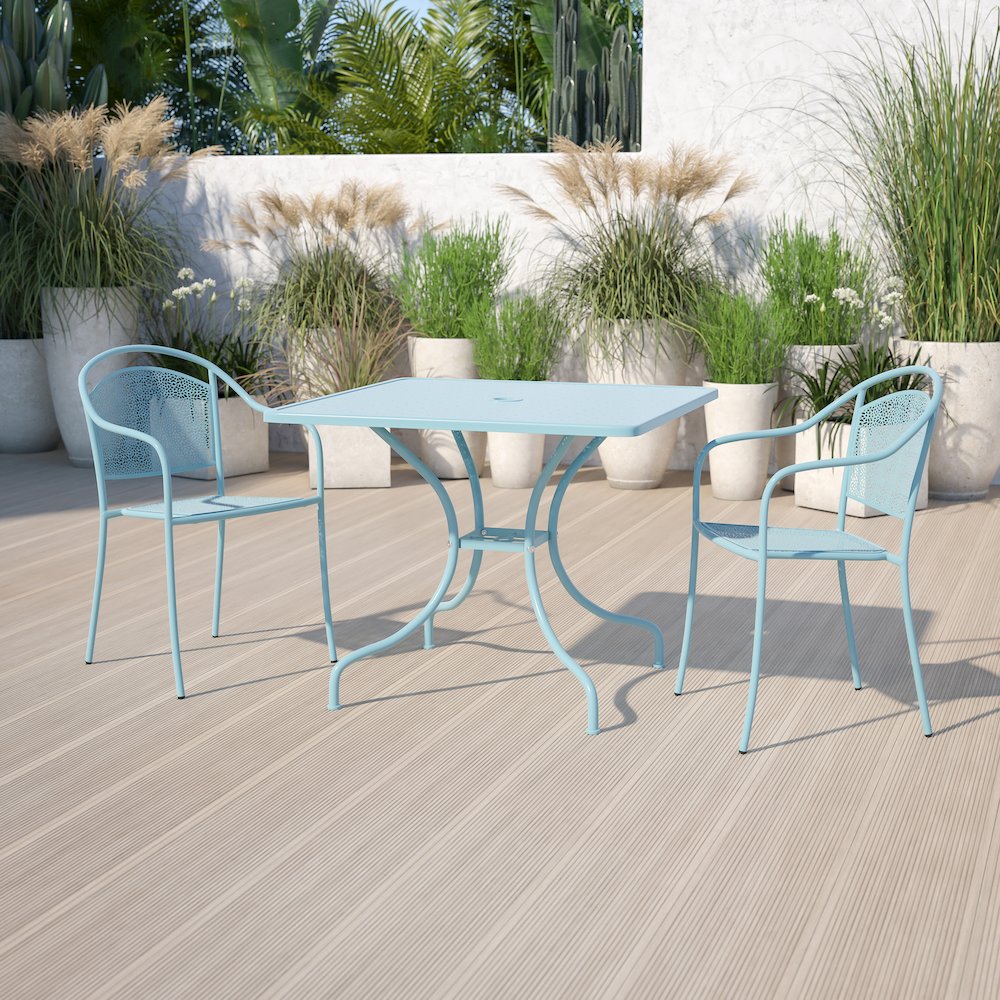 35.5" Square Sky Blue Indoor-Outdoor Steel Patio Table with Umbrella Hole