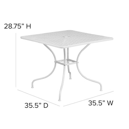 35.5" Square White Indoor-Outdoor Steel Patio Table with Umbrella Hole