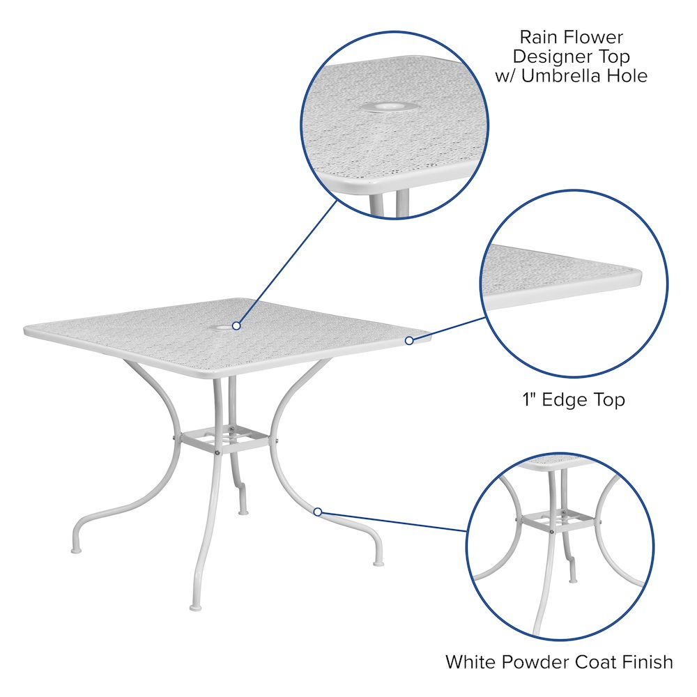 35.5" Square White Indoor-Outdoor Steel Patio Table with Umbrella Hole