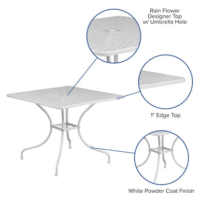 35.5" Square White Indoor-Outdoor Steel Patio Table with Umbrella Hole