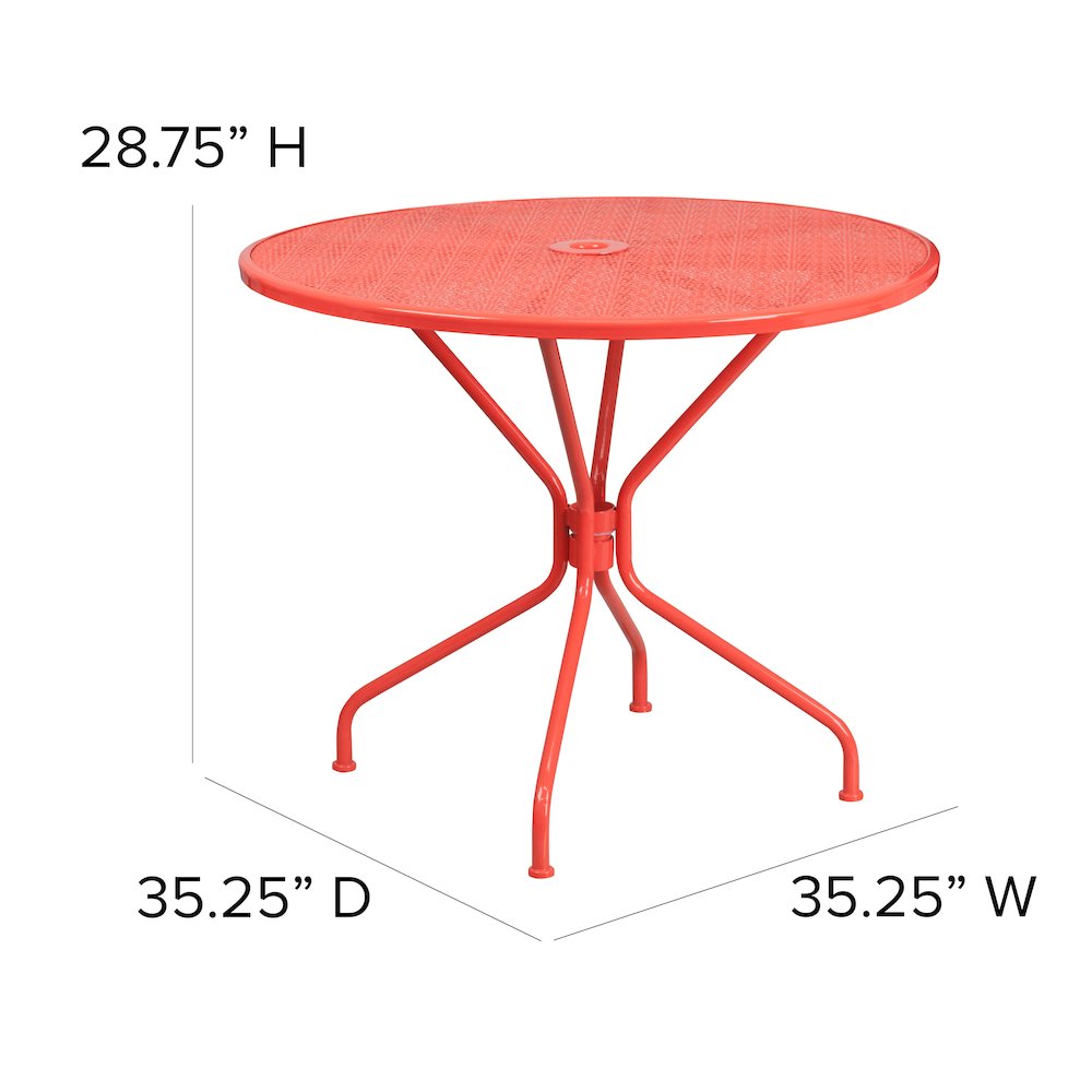 35.25" Round Coral Indoor-Outdoor Steel Patio Table with Umbrella Hole