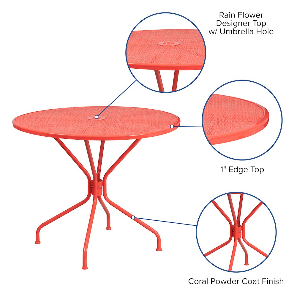 35.25" Round Coral Indoor-Outdoor Steel Patio Table with Umbrella Hole