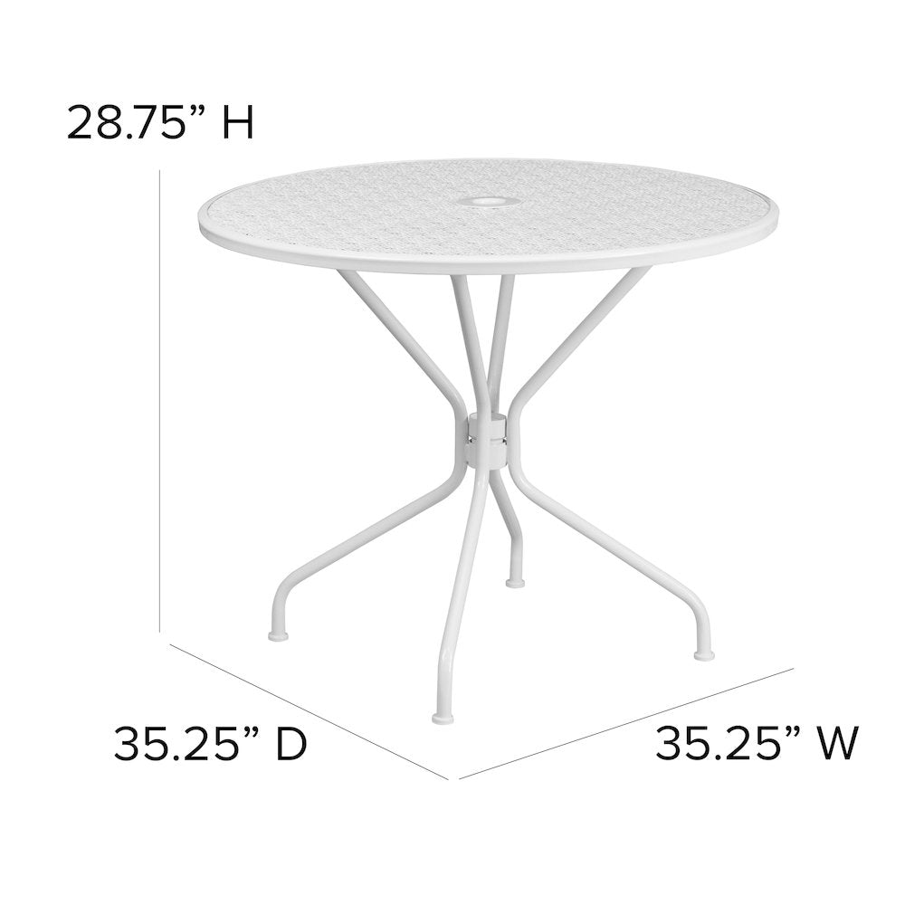 Commercial Grade 35.25" Round White Indoor-Outdoor Steel Patio Table with Umbrella Hole
