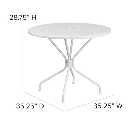Commercial Grade 35.25" Round White Indoor-Outdoor Steel Patio Table with Umbrella Hole