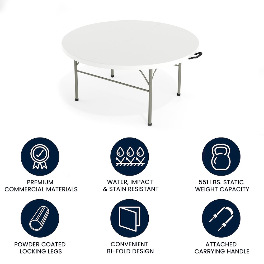 5-Foot Round Bi-Fold White Plastic Folding Table with Carrying Handle