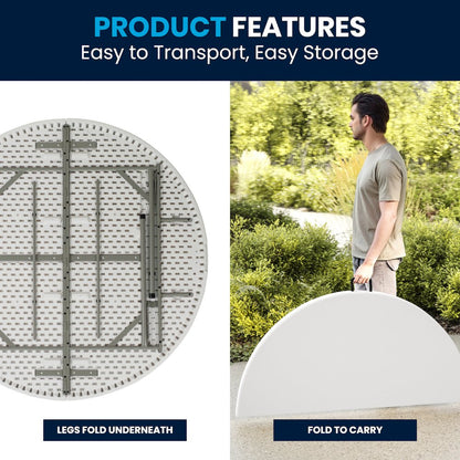 5-Foot Round Bi-Fold White Plastic Folding Table with Carrying Handle