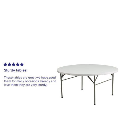 5-Foot Round Bi-Fold White Plastic Folding Table with Carrying Handle