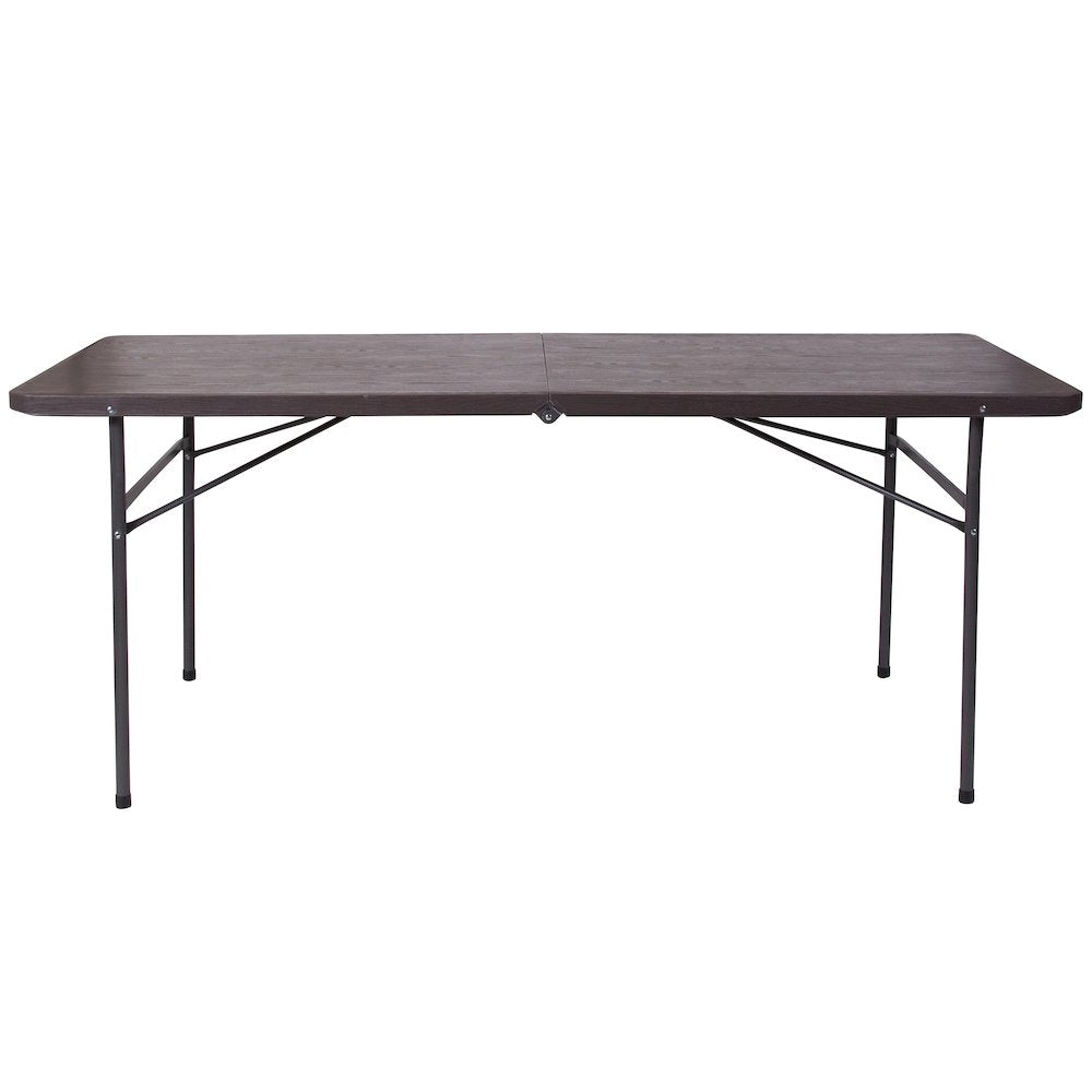 6-Foot Bi-Fold Brown Wood Grain Plastic Folding Table with Carrying Handle