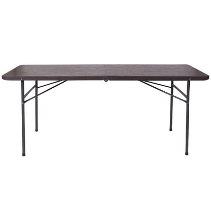 6-Foot Bi-Fold Brown Wood Grain Plastic Folding Table with Carrying Handle