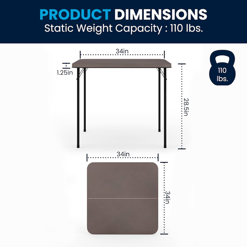 2.83-Foot Square Bi-Fold Dark Gray Plastic Folding Table with Carrying Handle