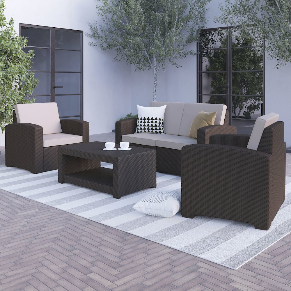 4 Piece Faux Rattan Chair, Loveseat and Table Set in Seneca Chocolate Brown