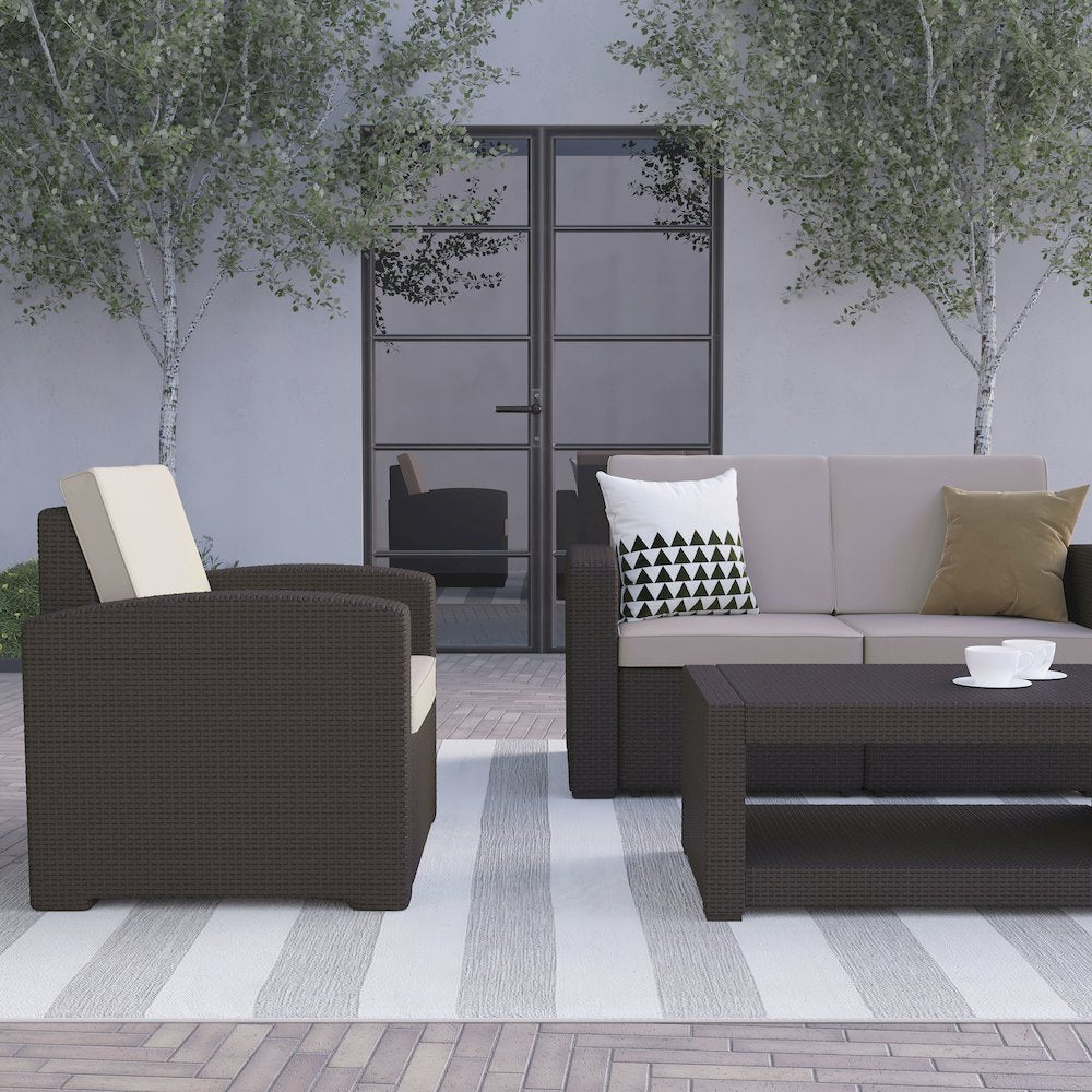 4 Piece Faux Rattan Chair, Loveseat and Table Set in Seneca Chocolate Brown
