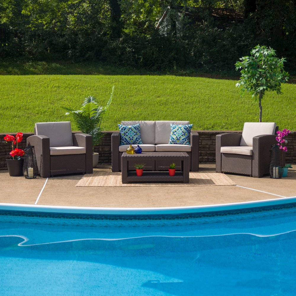 4 Piece Faux Rattan Chair, Loveseat and Table Set in Seneca Chocolate Brown