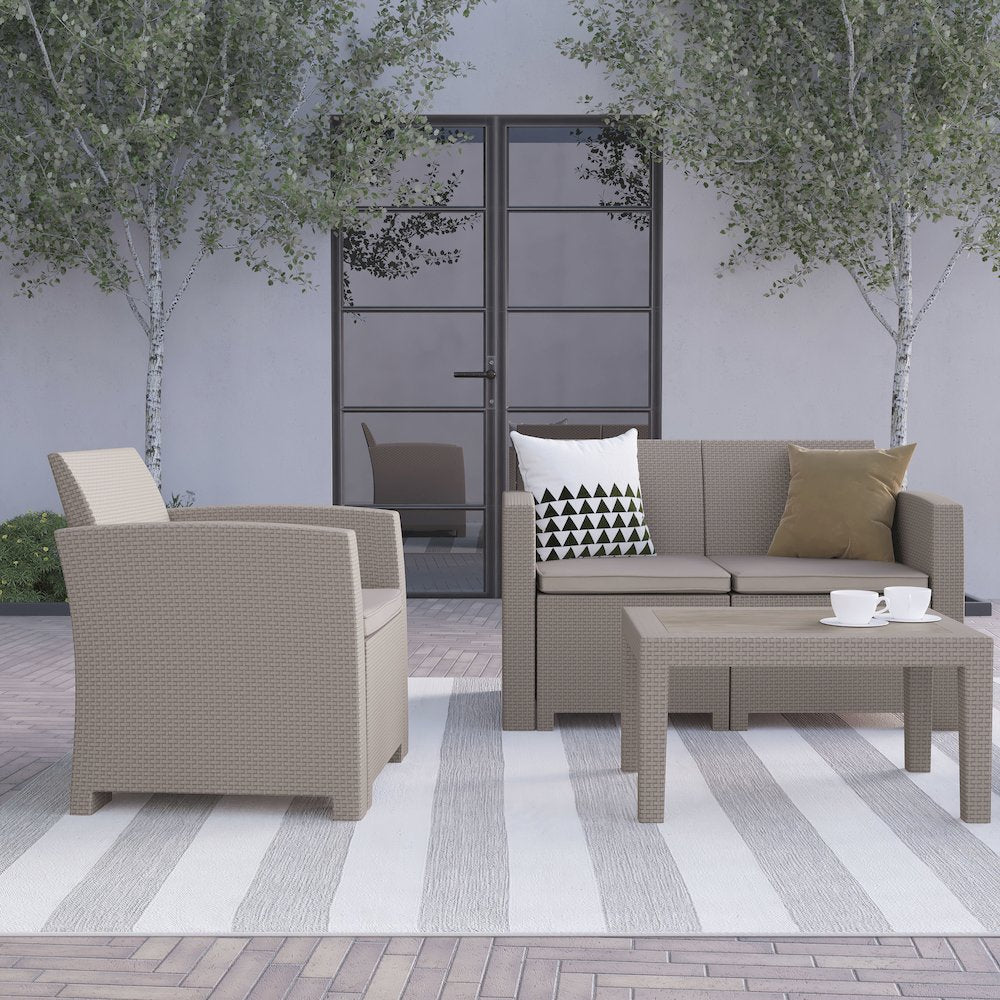 4 Piece Outdoor Faux Rattan Chair, Loveseat and Table Set in Seneca Light Gray