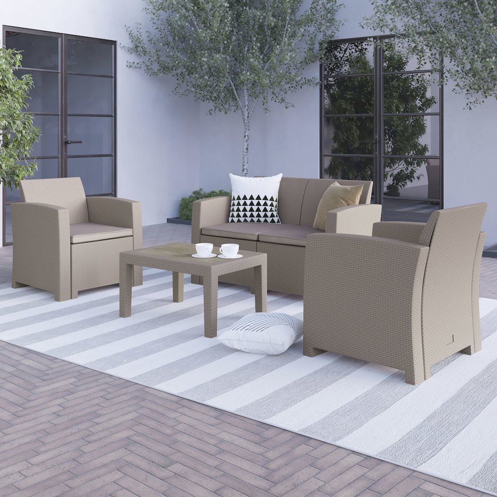 4 Piece Outdoor Faux Rattan Chair, Loveseat and Table Set in Light Gray