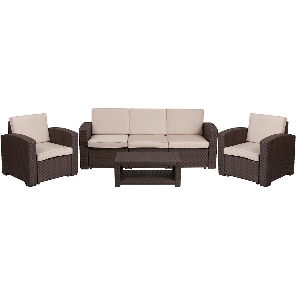 4 Piece Outdoor Faux Rattan Chair, Sofa and Table Set in Seneca Chocolate Brown