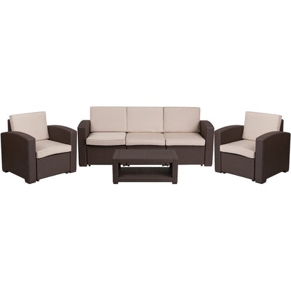 4 Piece Outdoor Faux Rattan Chair, Sofa and Table Set in Seneca Chocolate Brown