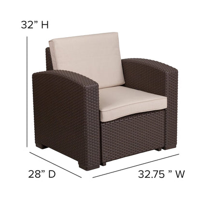 4 Piece Outdoor Faux Rattan Chair, Sofa and Table Set in Seneca Chocolate Brown