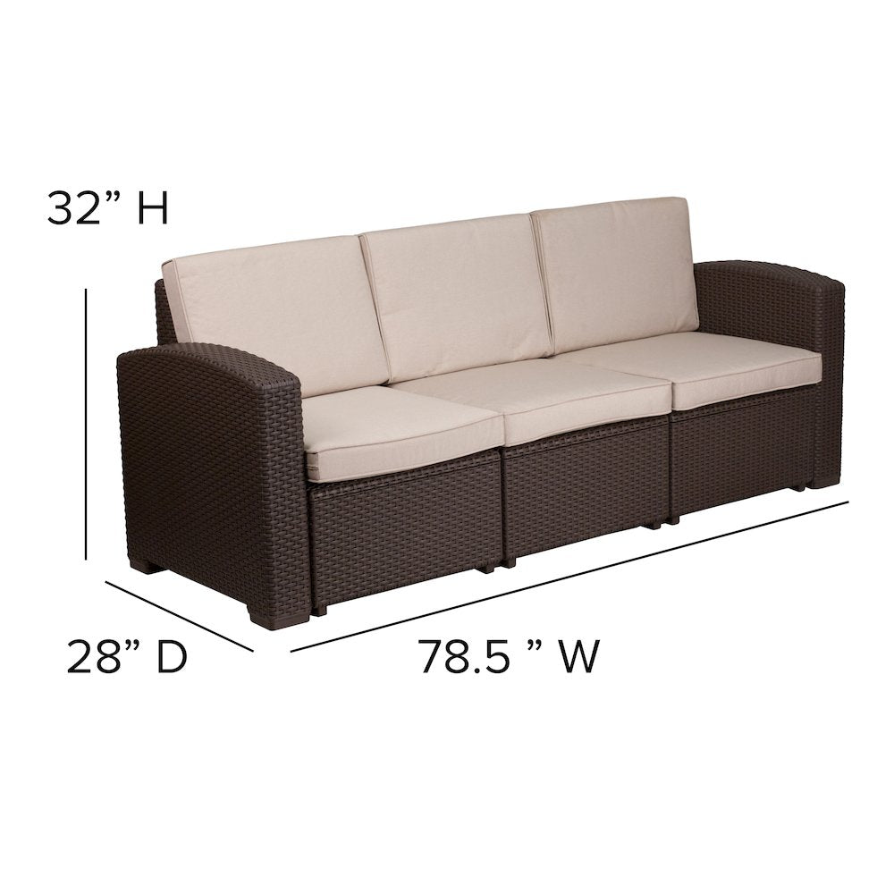 4 Piece Outdoor Faux Rattan Chair, Sofa and Table Set in Seneca Chocolate Brown