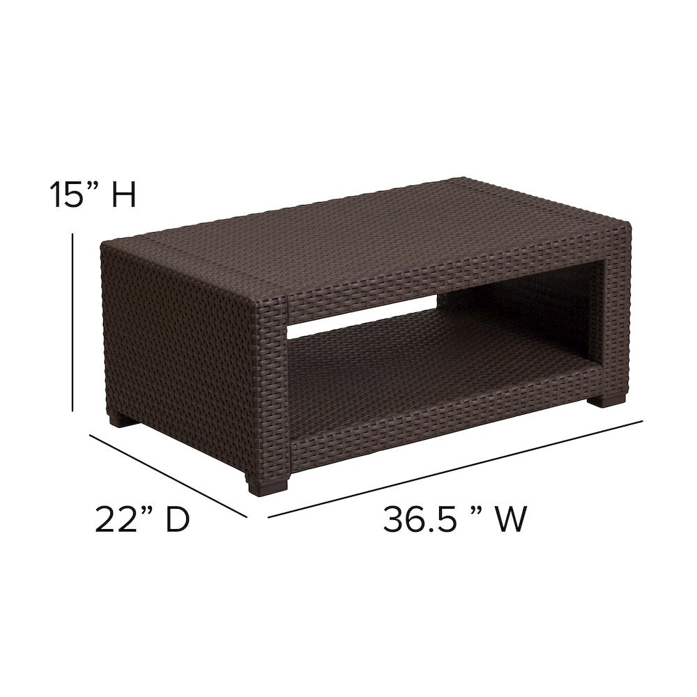 4 Piece Outdoor Faux Rattan Chair, Sofa and Table Set in Seneca Chocolate Brown