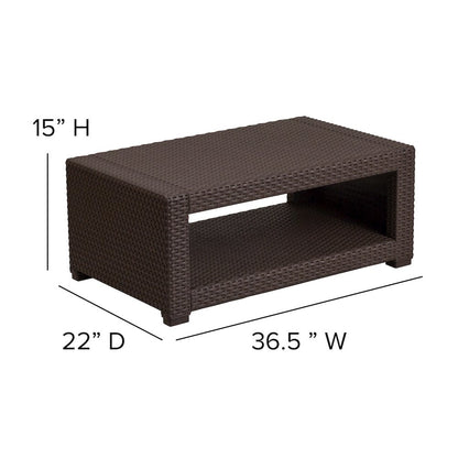 4 Piece Outdoor Faux Rattan Chair, Sofa and Table Set in Seneca Chocolate Brown